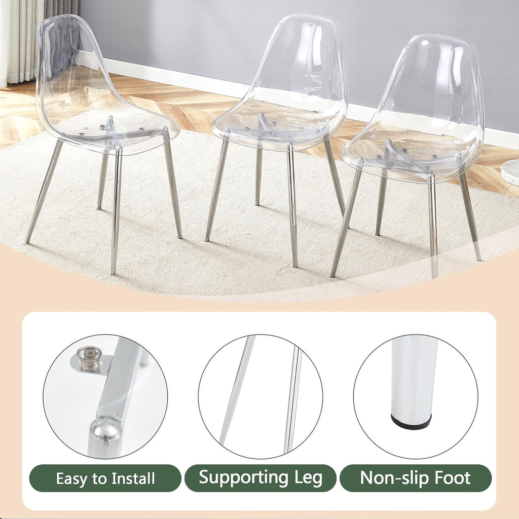 Clear Acrylic Dining Chairs Set of 4, Armless Modern Side Chairs with Transparent Seat, Ergonomic Backrest and Chrome Metal Legs, Ghost Style Kitchen Chairs for Dining Room, Living Room