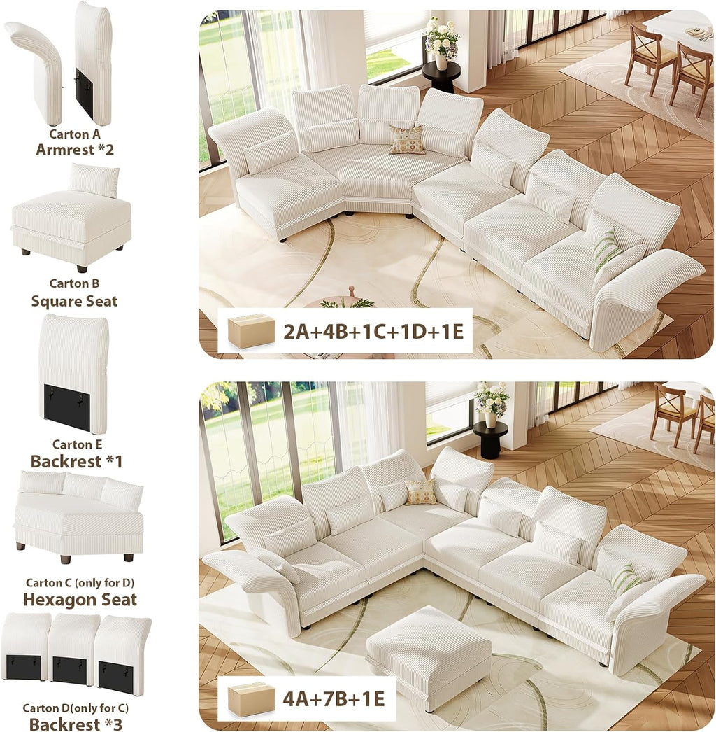 LLappuil Curved Oversized Sectional Couch with Storage & Hexagon Seat, L Shaped Modular Sectional Sofa for Living Room with Adjustable Arms Backs, Thick Plush Cushions, 8 Seater, Beige Corduroy