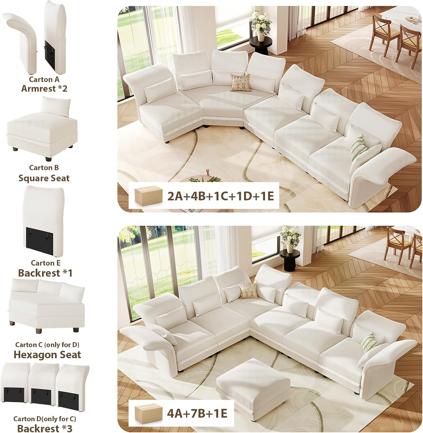 LLappuil Curved Oversized Sectional Couch with Storage & Hexagon Seat, L Shaped Modular Sectional Sofa for Living Room with Adjustable Arms Backs, Thick Plush Cushions, 8 Seater, Beige Corduroy