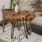 DUHOME Natural Live Edge Side Table - One-of-a-Kind Solid Wood Slab with Unique Shape, Grain & Cracks, Black Hairpin Legs, Rustic Boho Side Table for Living Room, Bedroom, Sofa