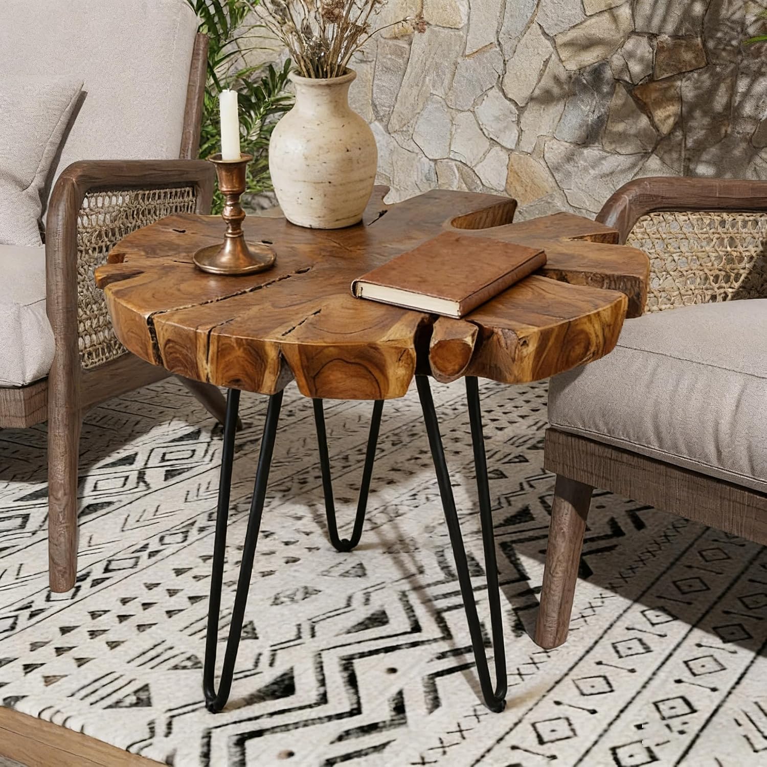 DUHOME Natural Live Edge Side Table - One-of-a-Kind Solid Wood Slab with Unique Shape, Grain & Cracks, Black Hairpin Legs, Rustic Boho Side Table for Living Room, Bedroom, Sofa