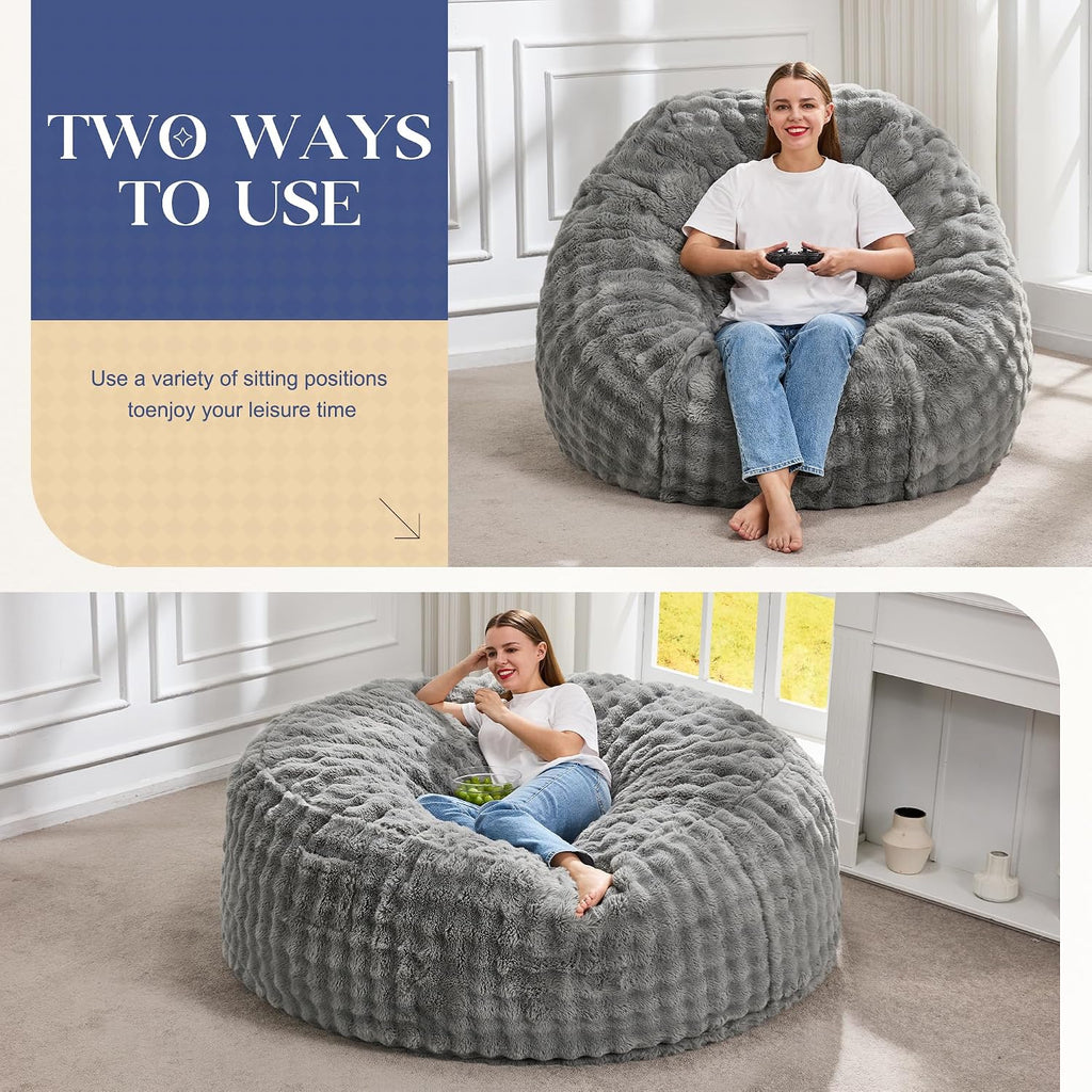 Hobestluk Adults Bean Bag Chair 5FT Big BeanBag Chair Giant Large Oversized | Memory Foam,Washable Cover,Unique Fluffy Bubble,Comfy Big BeanBag with Filling Lounging Gaming Bedroom Living Room | Grey 5FT