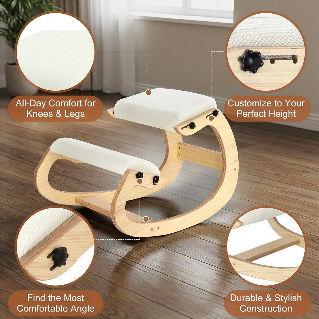 Ergonomic Kneeling Chair - Adjustable Seat, Smooth Rocking Base for Active Posture, Relieves Back & Spine Pressure for Office &Home Sturdy Kneeling Desk Chair Holds 300 lbs, Durable & Stable