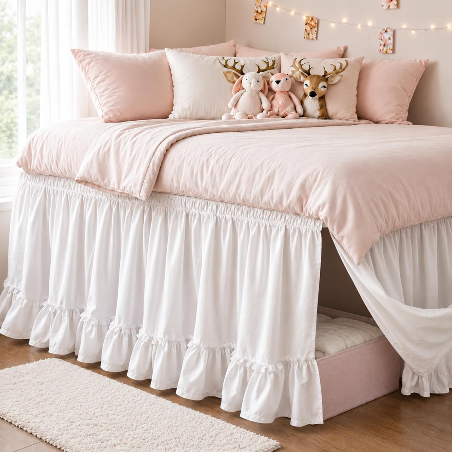 Breling White Ruffled Dorm Bed Skirt Twin XL 36 Inch Long Bed Skirt Dorm Solid Silky Fabric Machine Washable Split Corner Extra Long Wrap Around Elastic for Beds Room Bedding Decor