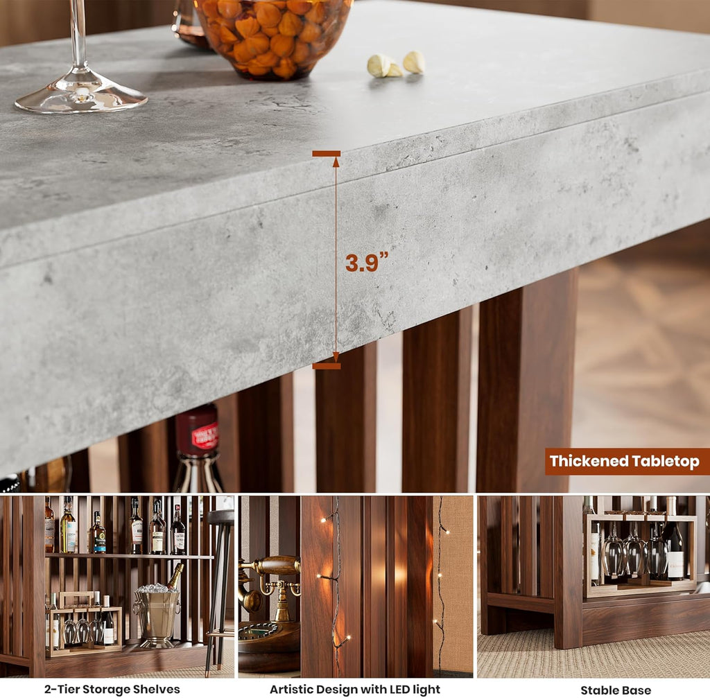 GarveeHome 63" Long Bar Table - Counter Bar Height Pub Table with 2 Tier Storage Shelves, Modern Coffee Breakfast Bar Unit for Dining Room, Bistro, Living Room, Gray + Walnut