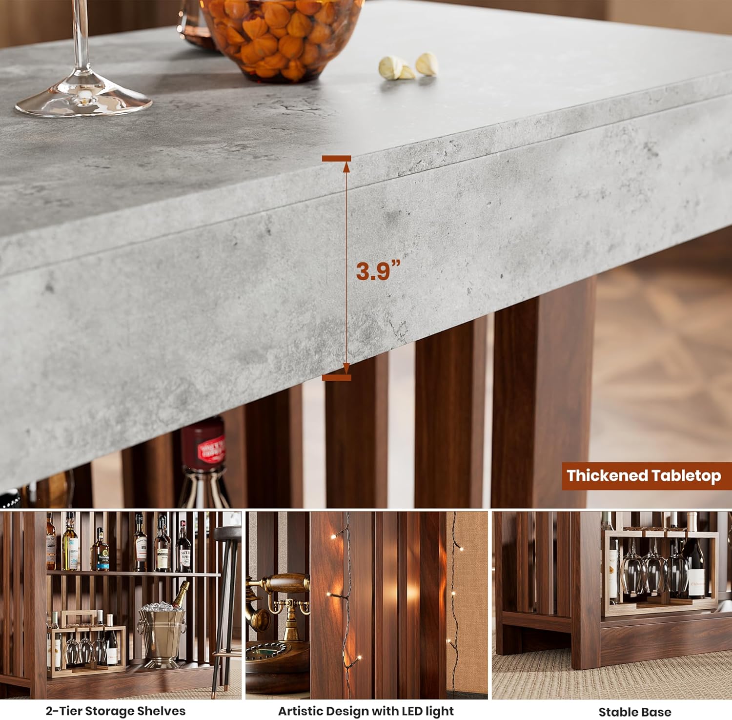 GarveeHome 63" Long Bar Table - Counter Bar Height Pub Table with 2 Tier Storage Shelves, Modern Coffee Breakfast Bar Unit for Dining Room, Bistro, Living Room, Gray + Walnut