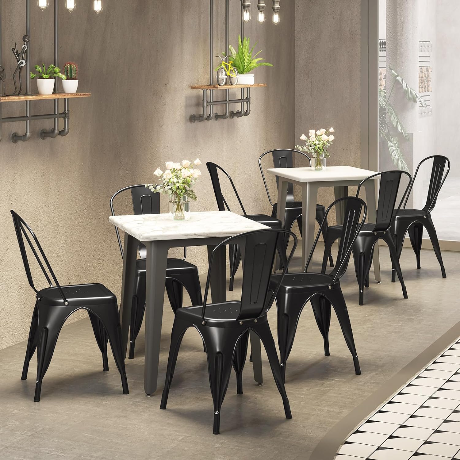 COSTWAY 18 Inch Dining Chair Set of 4, Industrial Vintage Stackable Metal Chairs, Armless Counter Bar Chairs with High Backrest for Home, Kitchen and Cafe Bar Use