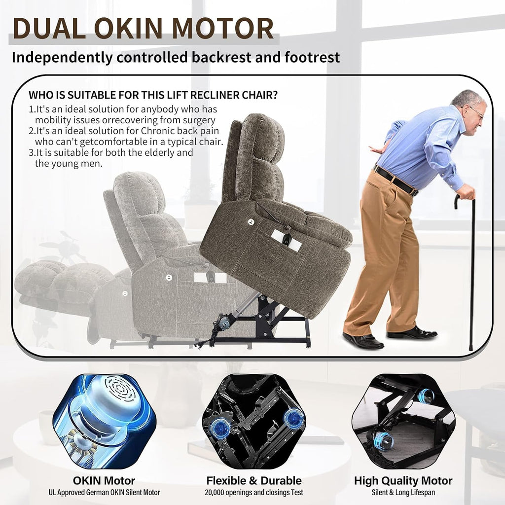 Lay Flat Sleeping Dual Motor Lift Recliner Chair with Massage and Heating for Elderly,Infinite Position Soft Fabric Power Electric Recliner Chair (Brown-180-Lay Flat-No Cup Holder)