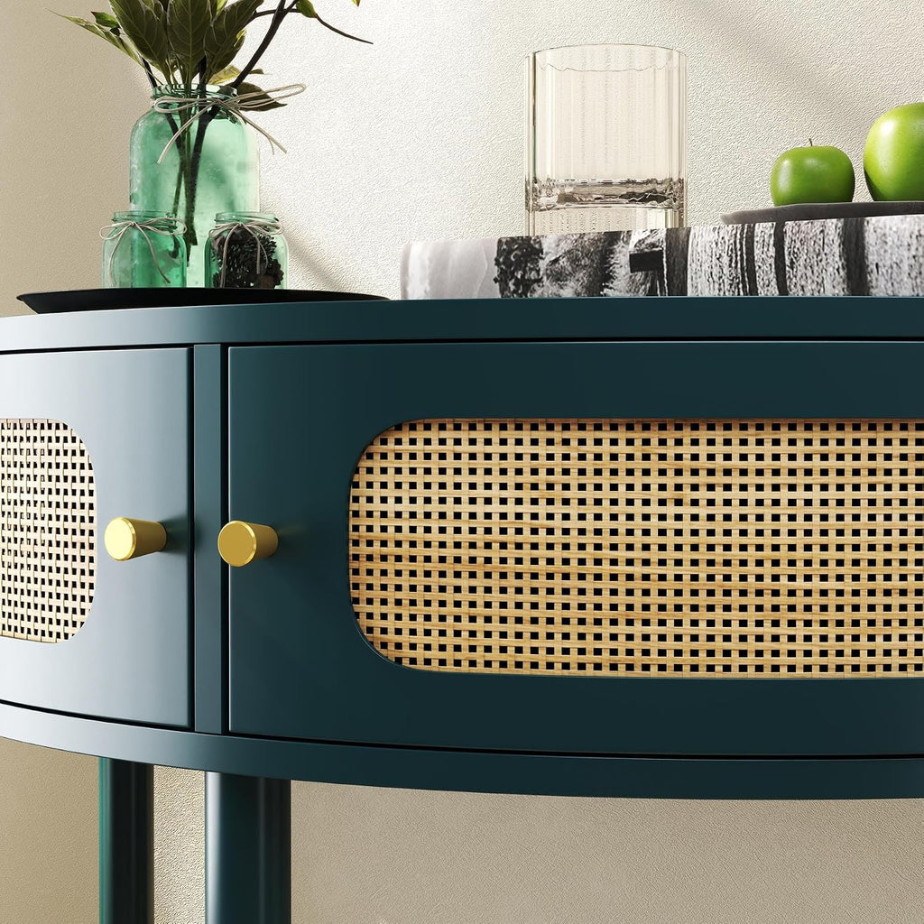 Unique Half Moon Console Table with Rattan Doors, 31.5" Rattan End Table with 2 Drawers & Storage Shelf, Antique Green Half Moon Entry Tables for Living Room, Entryway, Bedroom