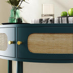 Unique Half Moon Console Table with Rattan Doors, 31.5" Rattan End Table with 2 Drawers & Storage Shelf, Antique Green Half Moon Entry Tables for Living Room, Entryway, Bedroom