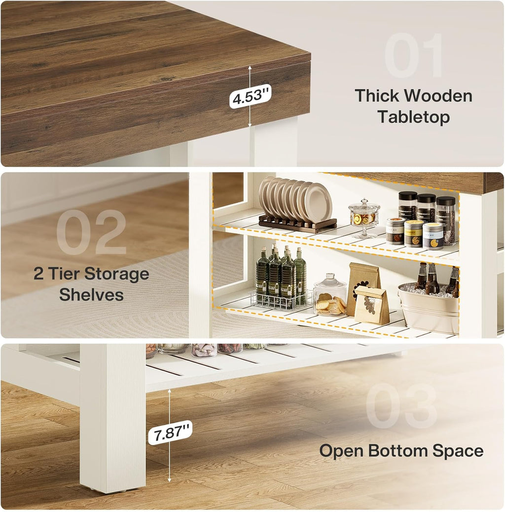Tribesigns Kitchen Island with Storage Shelves, Farmhouse Wooden Stationary Island Table for Kitchen Dining Room