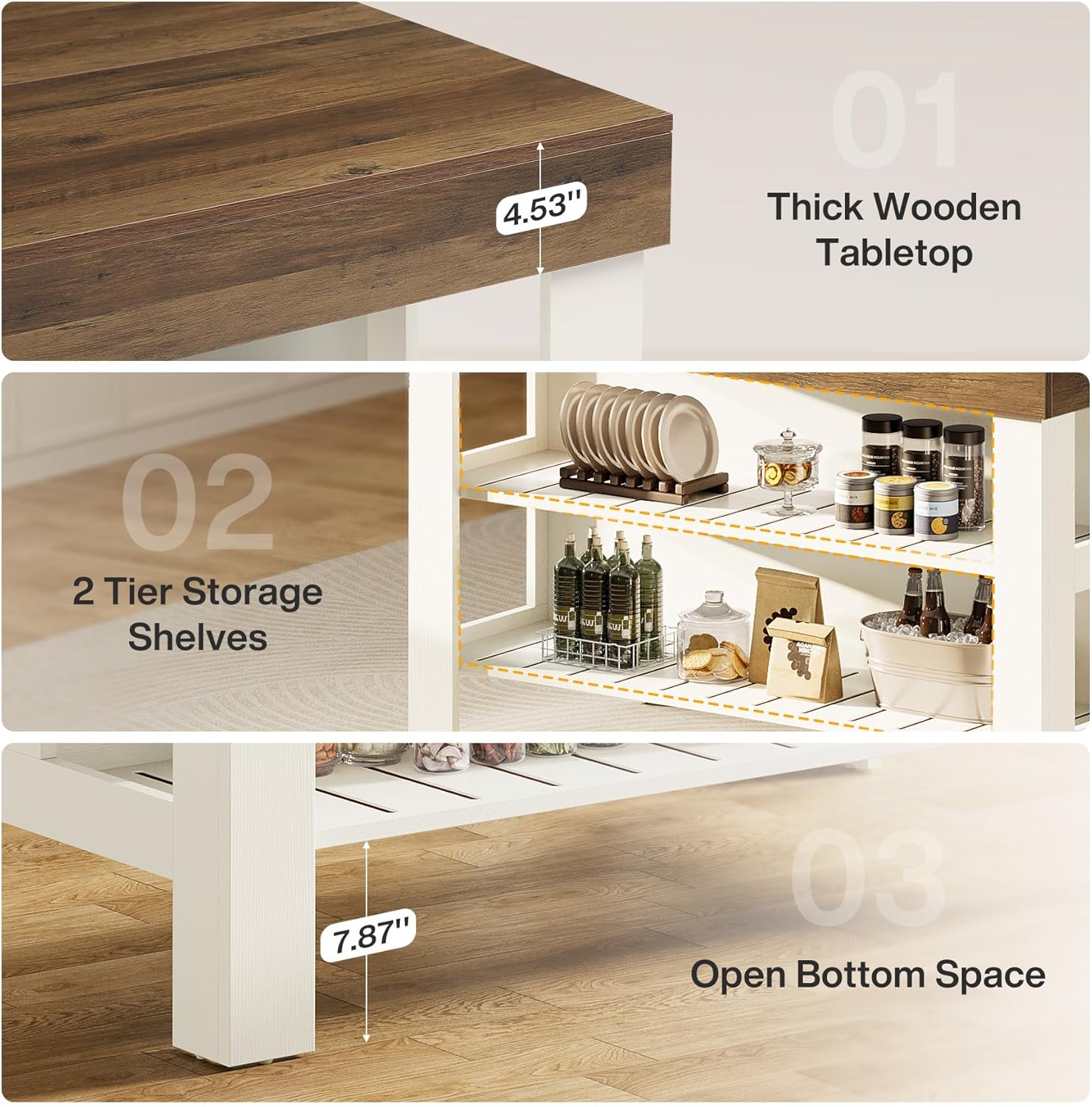 Tribesigns Kitchen Island with Storage Shelves, Farmhouse Wooden Stationary Island Table for Kitchen Dining Room