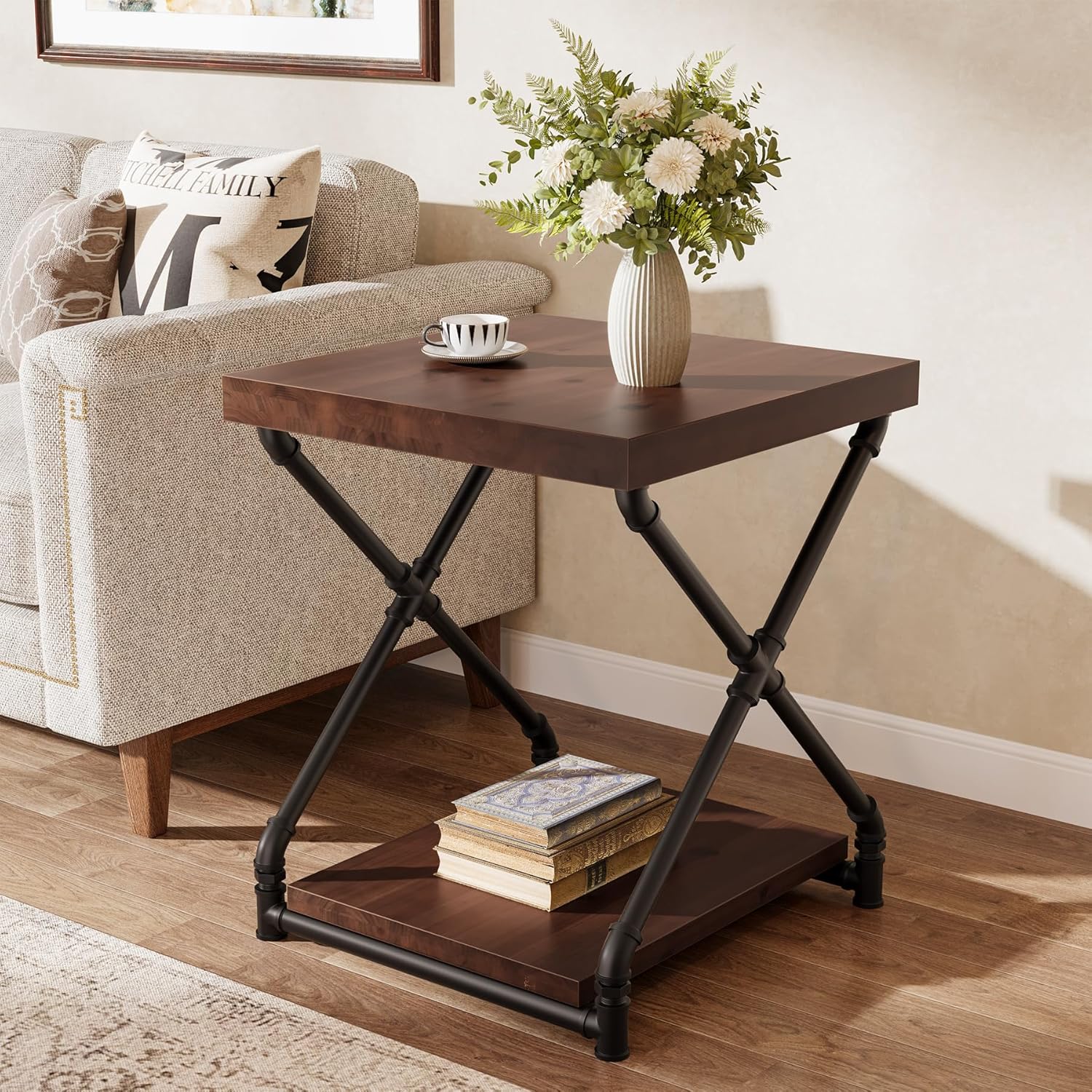 Tribesigns Solid Wood End Side Table with Storage Space for Living Room, Small Wood Nightstand for Bedroom, Dark Brown