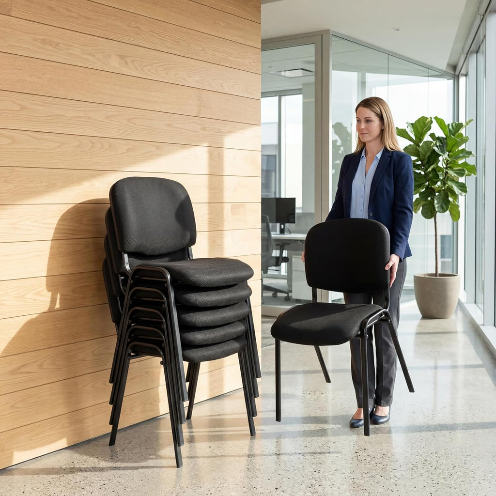 Stackable Office Guest Chairs, Reception Waiting Room Chairs with Padded Seat & Back, Armless No Wheels Conference Chairs for Training, Meeting, Lobby, Set of 5, Black Mesh Fabric