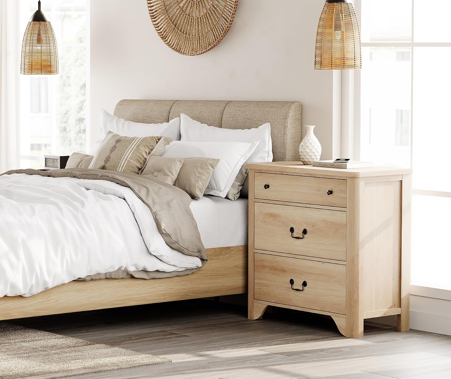 WAMPAT Farmhouse Nightstand with 3 Drawers, 31.5 Inch Wood Bedside Table Nightstand with Vintage Handles, Wide Sofa Side End Table Chest of Dresser for Living Room, Bedroom, Oak