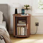 18 Inch Nightstands Set of 2, Fluted Round Wood Nightstand with Charging Station, Small End Table for Living Room, Sliding Door Round Side Table with Storage for Bedrrom (18 inch, Walnut)
