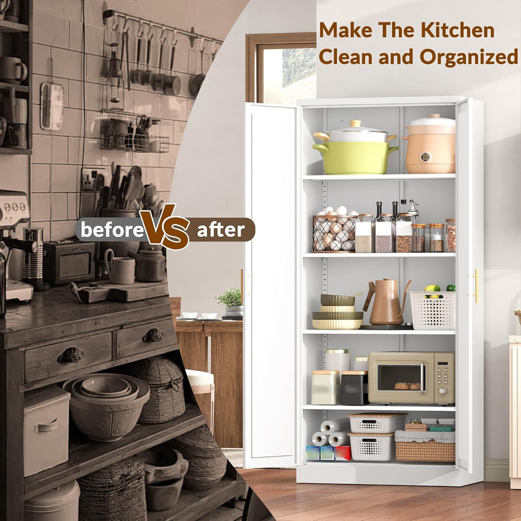 BESFUR 71" Tall White Kitchen Pantry Cabinet, Metal Food Storage Cabinet with 4 Adjustable Shelves, Freestanding Cupboard with Doors for Kitchen, Dining Room, Living Room, Bathroom, Laundry Room