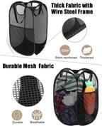 2 Pcs Strong Mesh Pop up Laundry Hamper,House Again Collapsible Laundry Basket with Durable Handles Solid Bottom High Carbon Steel Frame, Space-Saving, Easy to Open and Fold Flat for Storage(Black)