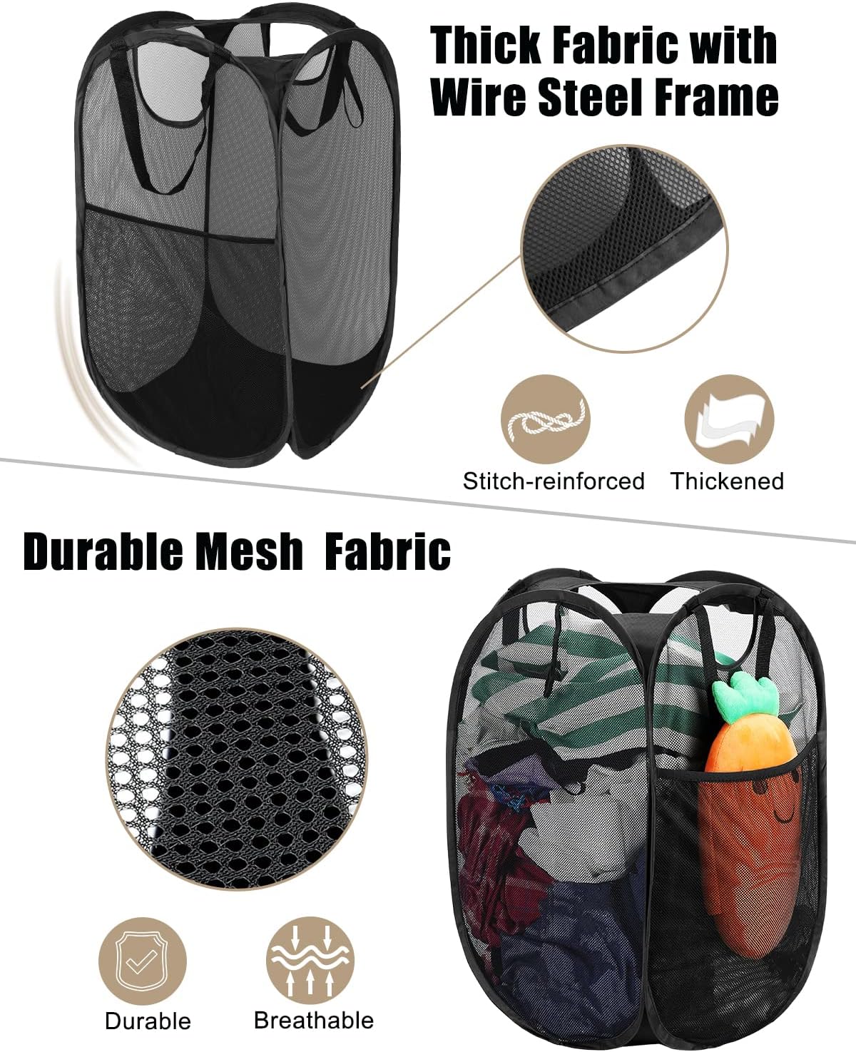 2 Pcs Strong Mesh Pop up Laundry Hamper,House Again Collapsible Laundry Basket with Durable Handles Solid Bottom High Carbon Steel Frame, Space-Saving, Easy to Open and Fold Flat for Storage(Black)