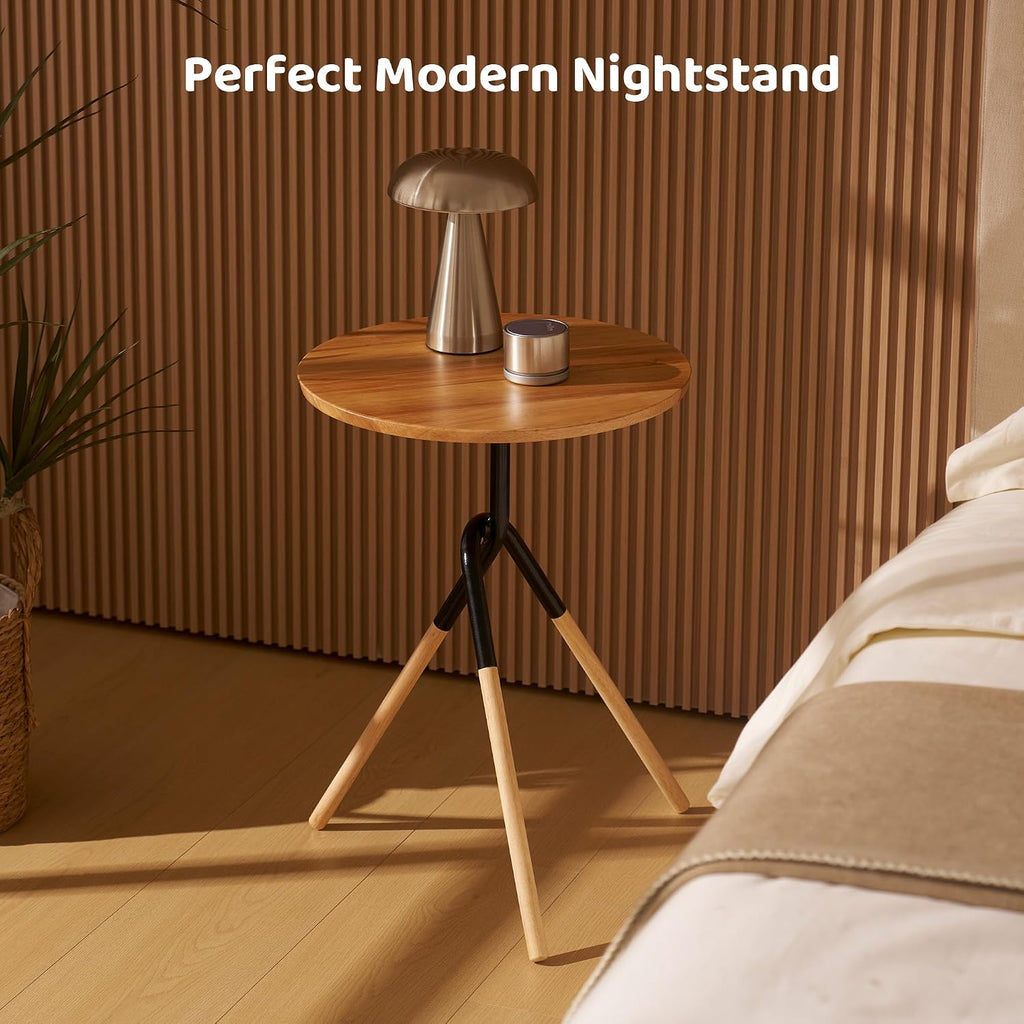 RECCI Small Round Side Table, Modern Solid Wood End Table with FSC Certified Wood & Knotted Metal Frame, Small Accent Couch Sofa Side Table for Living Room Bedroom, Oak