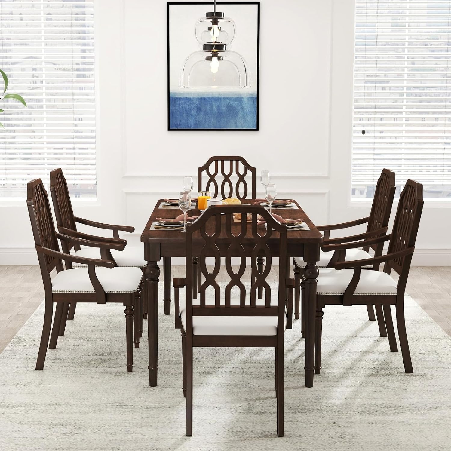 chairus Farmhouse Dining Chairs Set of 6, French Country Vintage Wooden Dining Room Chairs with Arm, Lattice Back & Turned Legs, Rustic Chenille Upholstered Nailhead Trim Kitchen Chairs, Walnut Brown