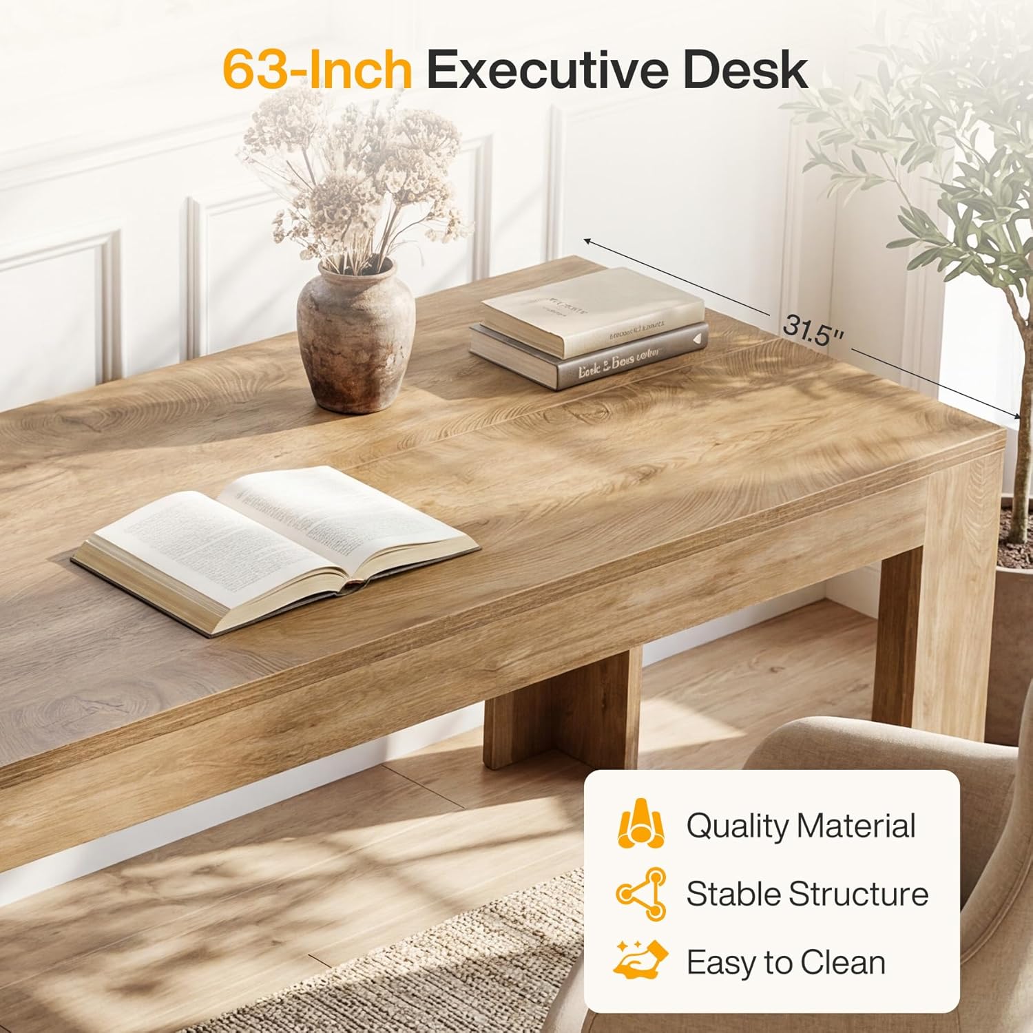 Tribesigns 63-Inch Office Desk, Modern Executive Desk with Large Tabletop, Wooden Computer Desk, Long Workstation for Home Office, Light Brown
