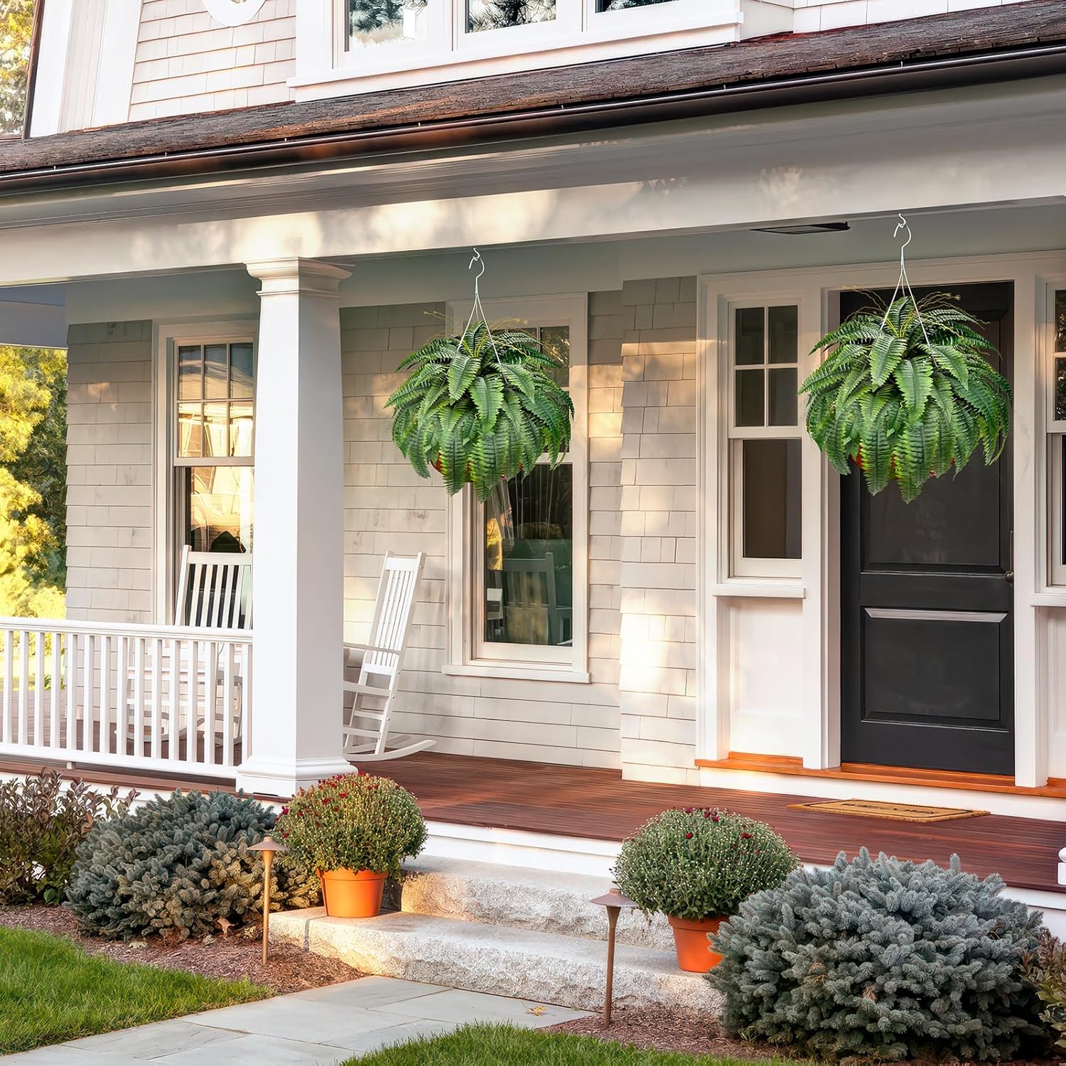 Artificial Boston Fern Bush - Set of 2 45Inch Fake Ferns with 55 Fronds, Large Hanging Faux Plants Decor, UV Resistant Faux Fern Vines Silk Greenery for Outdoor Indoor, Porch, Farms, Patio