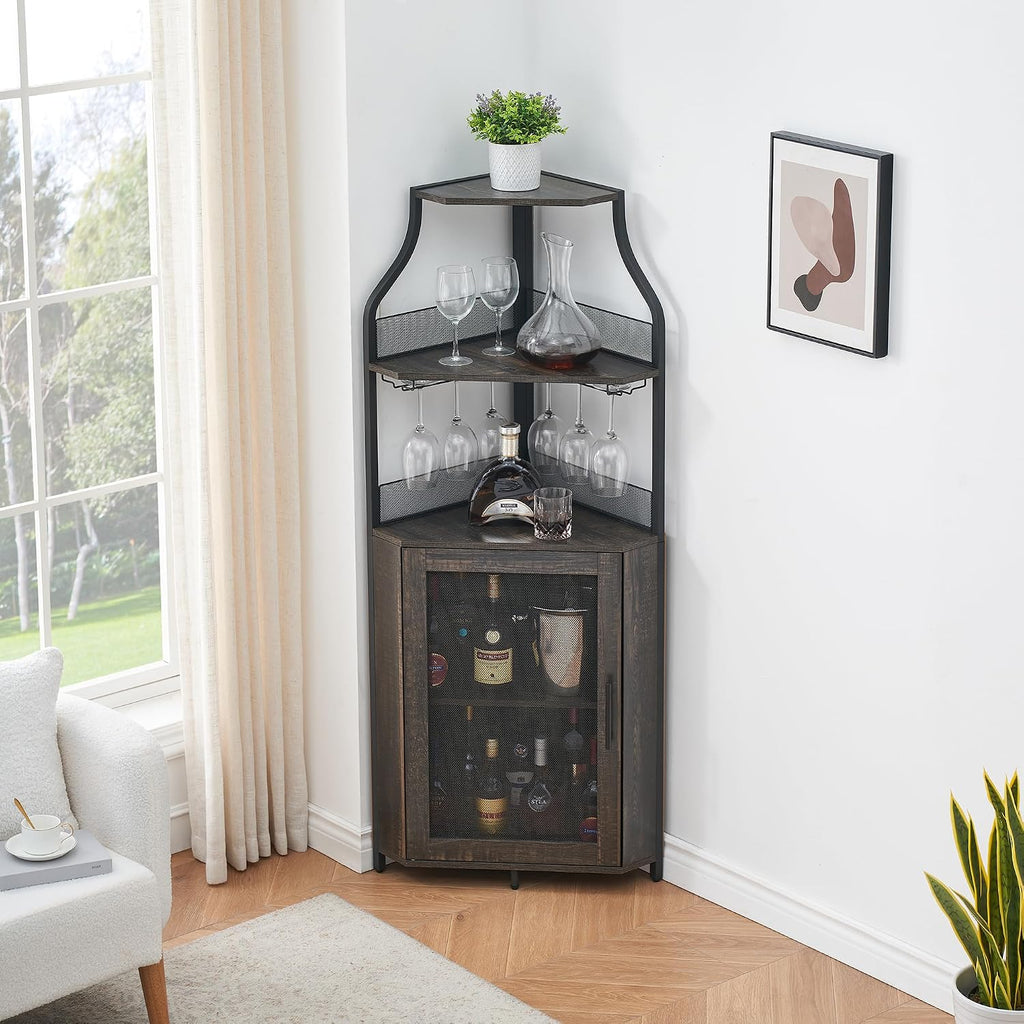 Corner Wine Bar Rack Cabinet with Detachable Wine Rack, Bar Cabinet with Glass Holder, Small Sideboard and Buffet Cabinet with Mesh Door (Dark Rustic Oak)