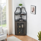 Corner Wine Bar Rack Cabinet with Detachable Wine Rack, Bar Cabinet with Glass Holder, Small Sideboard and Buffet Cabinet with Mesh Door (Dark Rustic Oak)