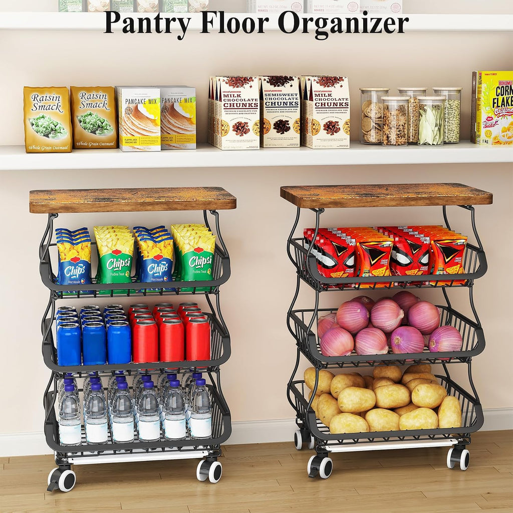 SAYZH 4-Tier Fruit and Vegetable Basket Stand for Kitchen, Wood Top, Black | Stackable Vegetable Storage Baskets with Wheel, Metal Wire Storage Carts for Onion, Potato and Snacks