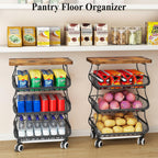 SAYZH 4-Tier Fruit and Vegetable Basket Stand for Kitchen, Wood Top, Black | Stackable Vegetable Storage Baskets with Wheel, Metal Wire Storage Carts for Onion, Potato and Snacks