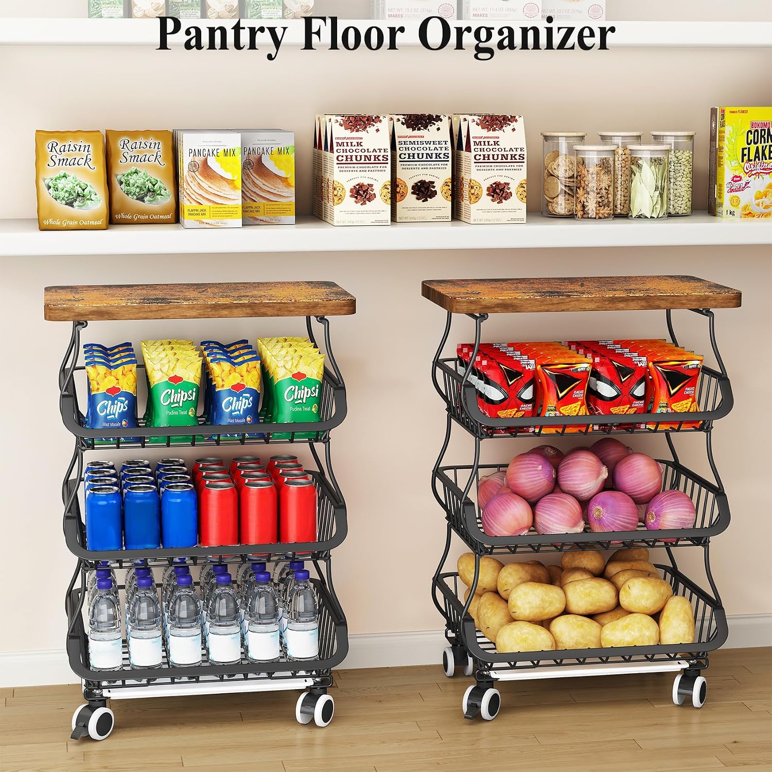 SAYZH 4-Tier Fruit and Vegetable Basket Stand for Kitchen, Wood Top, Black | Stackable Vegetable Storage Baskets with Wheel, Metal Wire Storage Carts for Onion, Potato and Snacks