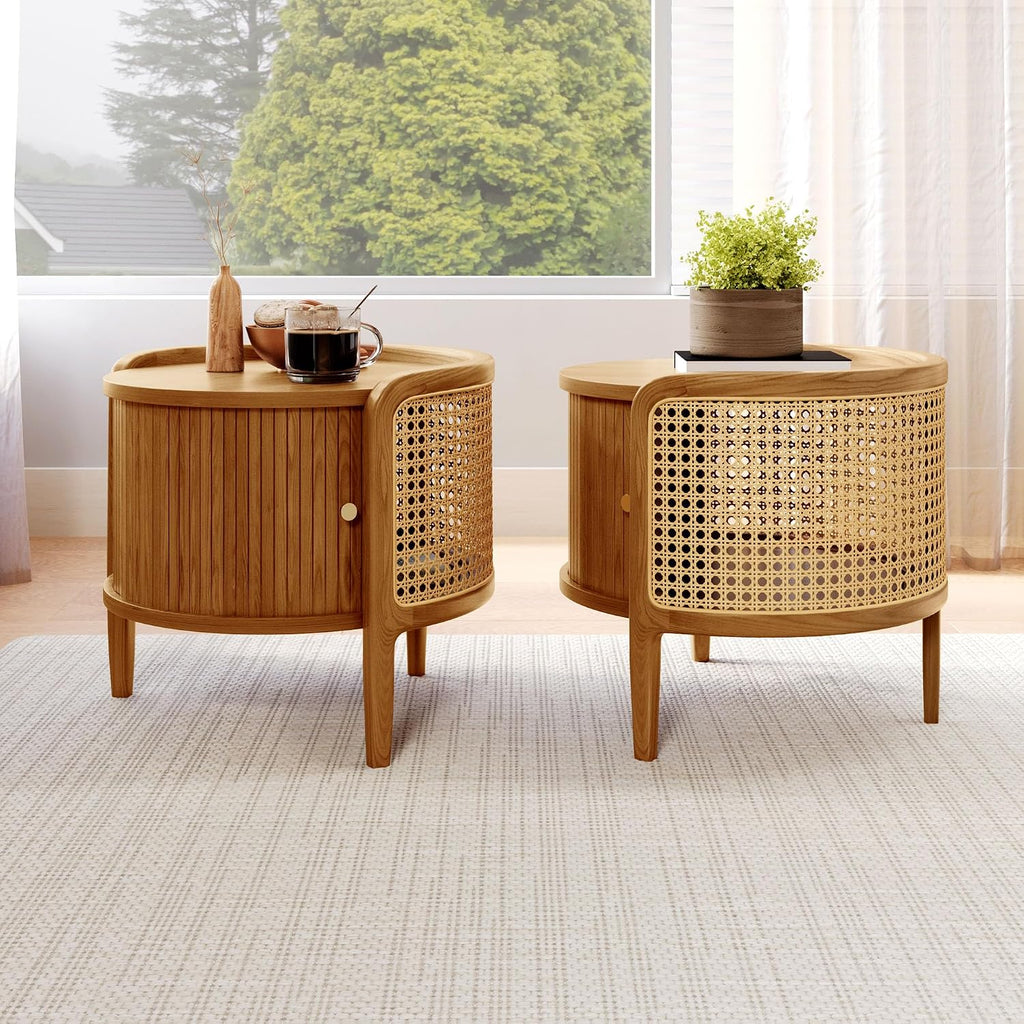 POVISON Rattan Side Table, Table with Roller Door & Woven Rattan, 19.69" Round End Table with Storage, Nightstand Beside Table Drink Table Sofa Table for Home,Walunt