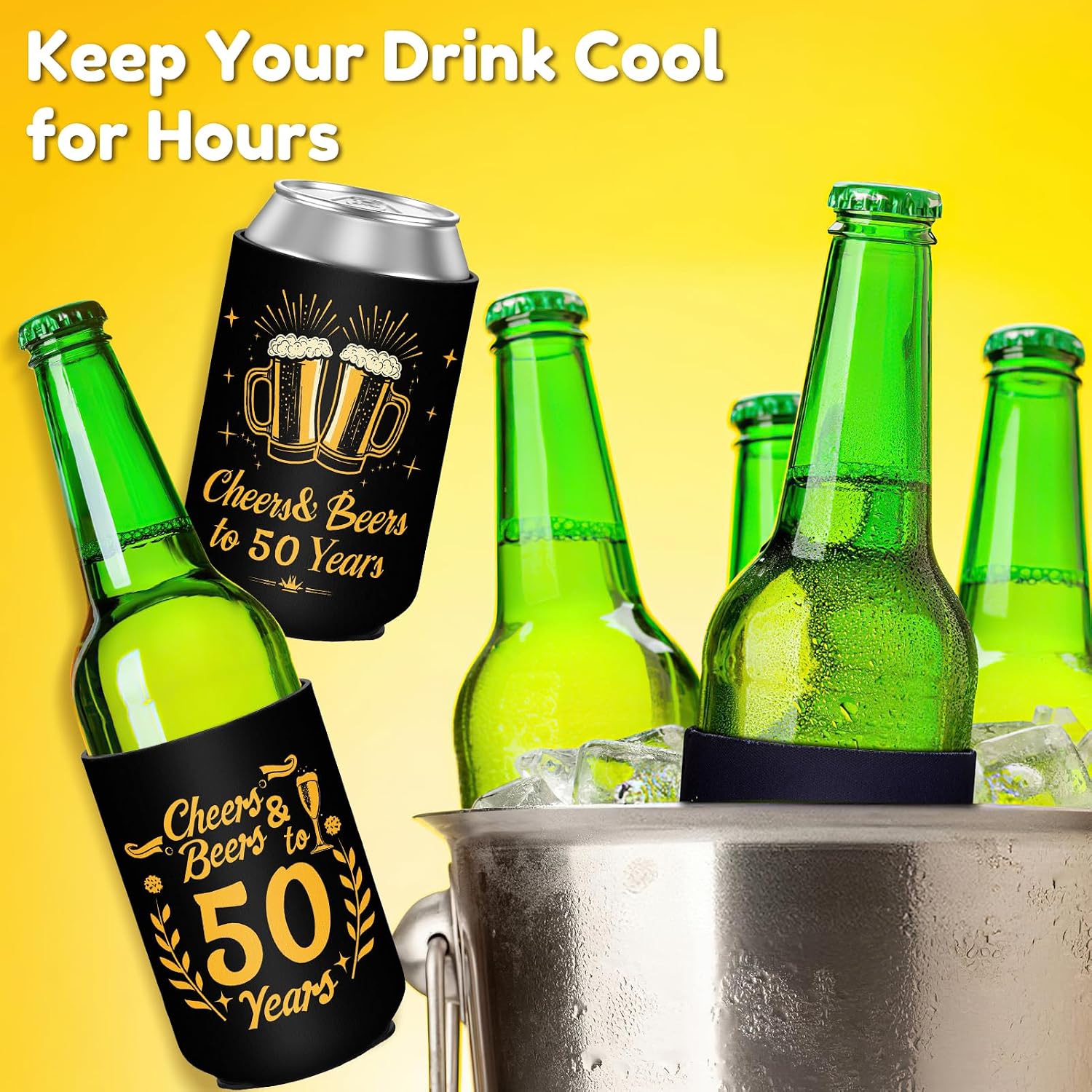 50th Birthday Can Cooler Sleeves for Soda, Beer, Beverages, 12 Pack Neoprene Can Sleeves, 50th Birthday Party Decorations and Party Favors for Women, Men, Black & Gold, 4 Design