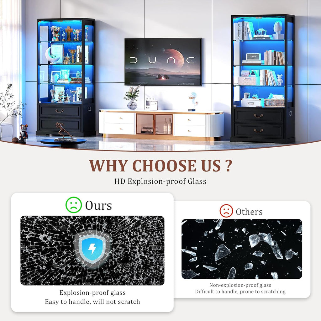TAGELIER 67" Tall Display Cabinet with Glass Doors and 2 Drawers | Curio Cabinet with Motion Sensor, Led Light Display Cases for Collectibles and Books, China Display Shelf for Living Room