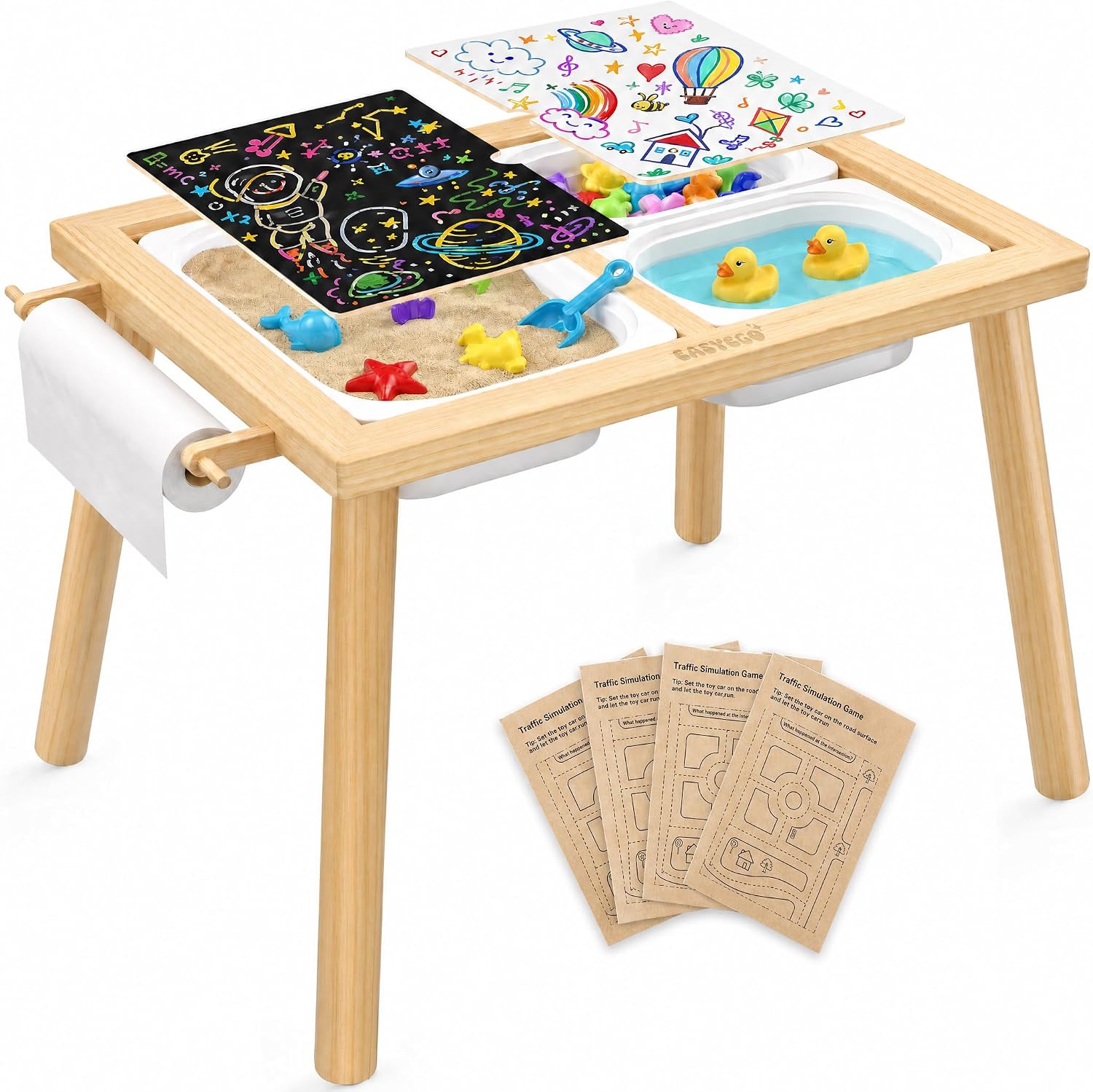 Easyego Sensory Table for Toddlers Kids Play Wooden Sand Water Table with Double-Sided Board & Foldable Storage Bins for Indoor and Outdoor Use, Birthday Gifts for Boys and Girls-Natural Color