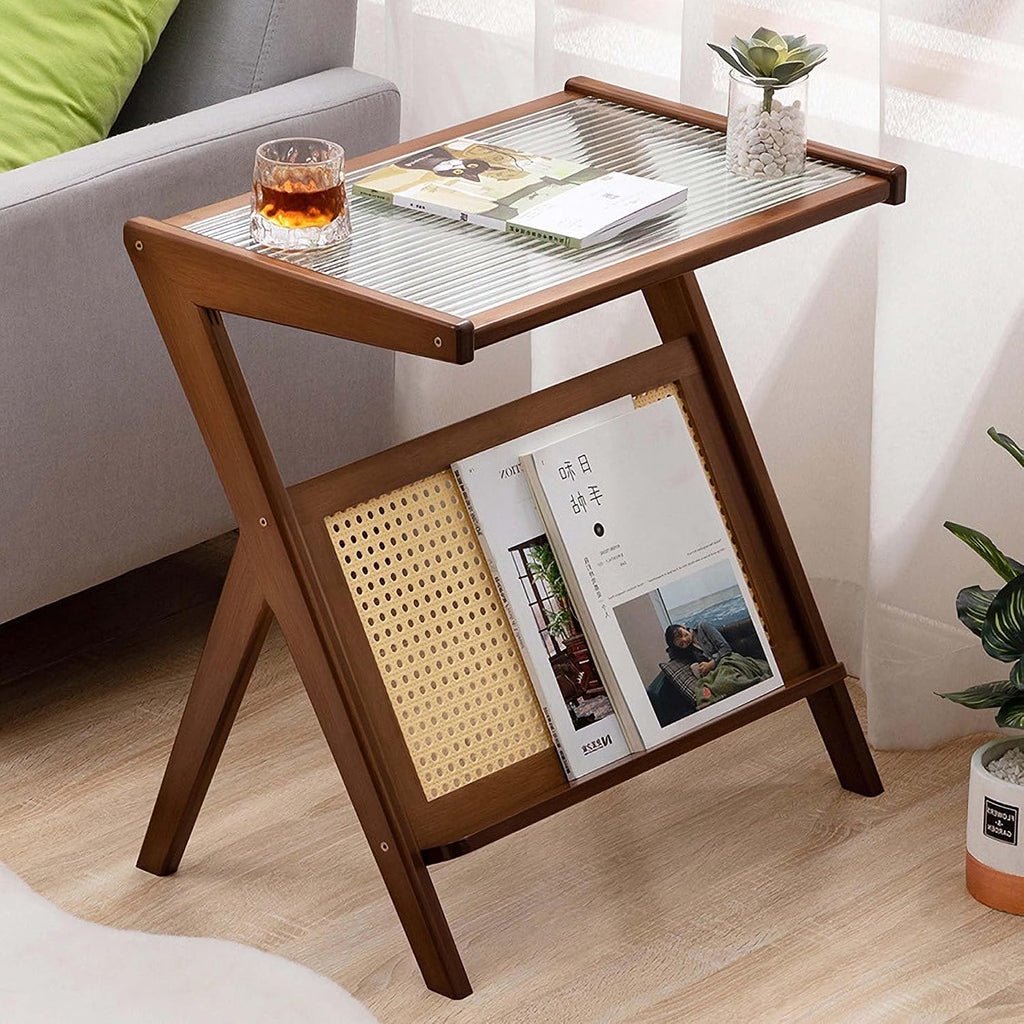 Majnesvon Rattan Side Table, Bamboo Night Stand, Z-Shaped Bamboo End Table, Tempered Glass Top, Boho End Tables for Living Room Bedroom Apartment with Magazine Rack