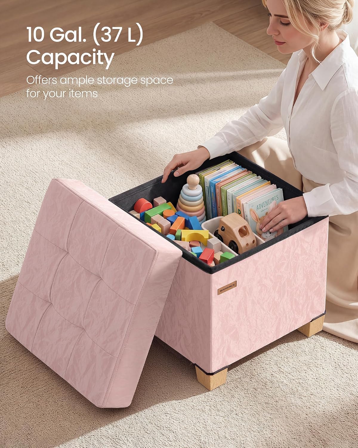 SONGMICS Storage Ottoman, Textured PU Leather Footstool with Legs, Footrest with Cushion, for Living Room and Bedroom, 15 x 15 x 15.7 Inches, Pink, Minota Collection ULSF523WD01