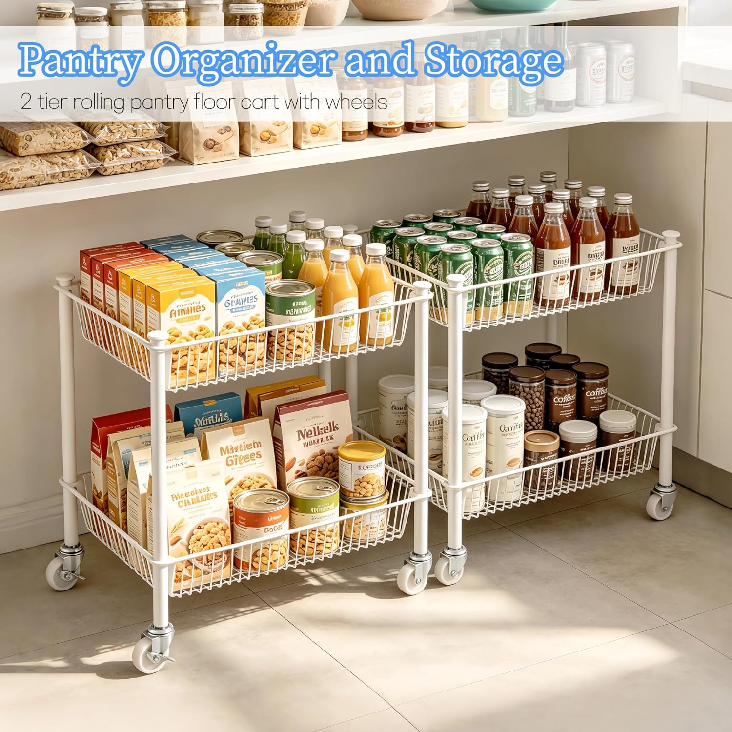 2 Tier Small Utility Cart on Wheels Short Rolling Pantry Cart Thick Metal Wire Basket Stand, Fruit Vegetables Storage Rack for Kitchen, Under Desk Storage for Small Space Bathroom Laundry, White