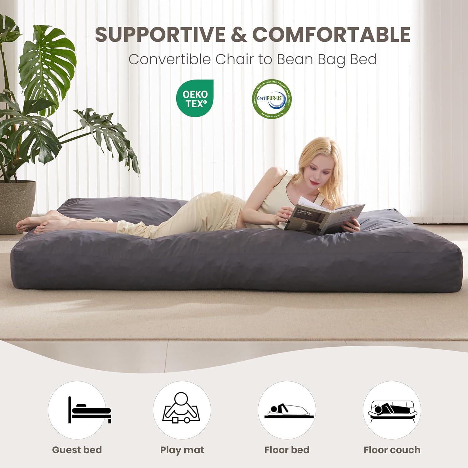 Bean Bag Chair Bed for Adults, Giant Bean Bag Chair Convertible Beanbag Bed, Large Floor Sofa Couch for Living Room, Bedroom, High-Density Foam Filling, Machine Washable (Full, Charcoal)