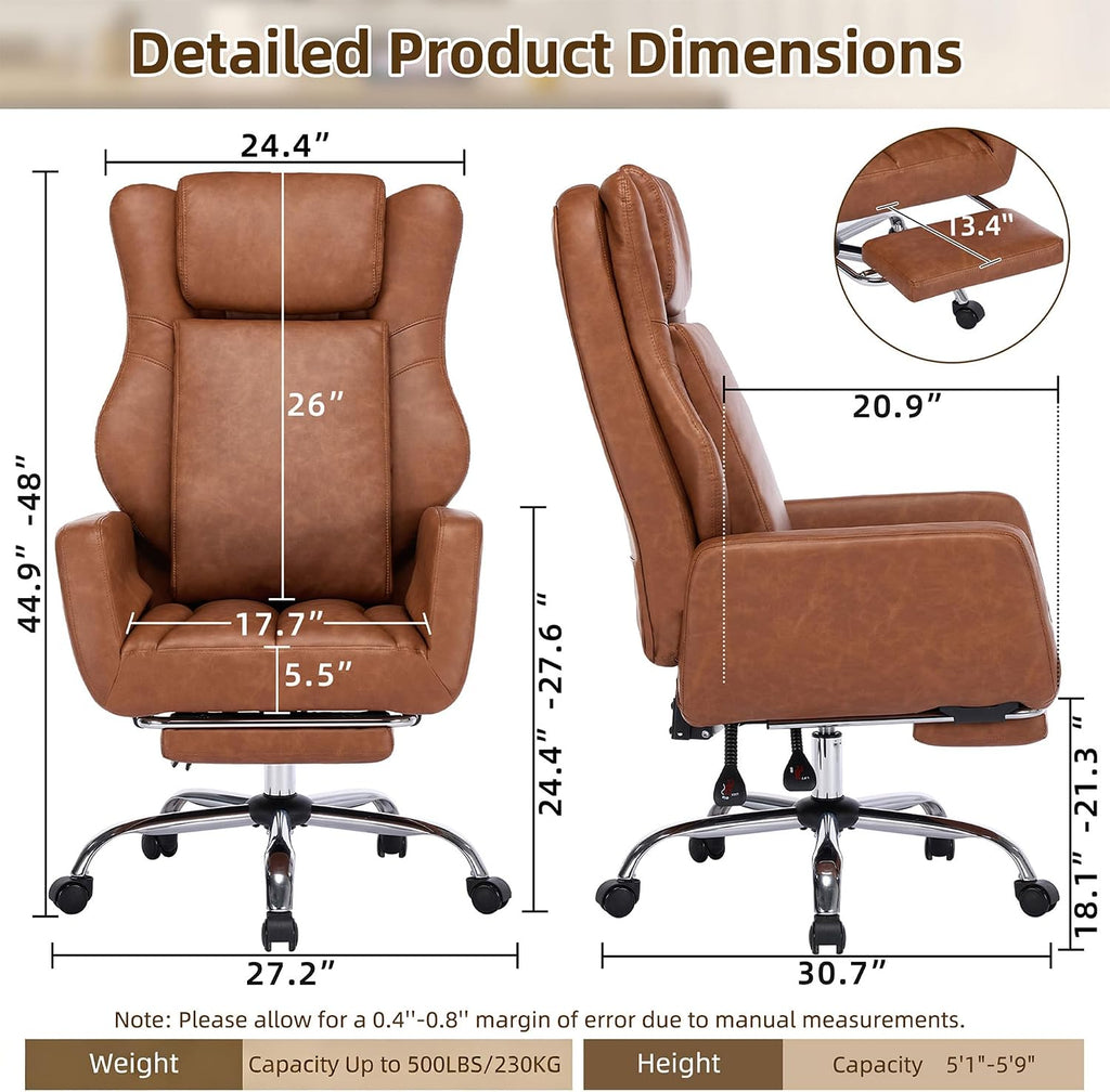 DYHOME Criss Cross Office Chair with Footrest, Executive Ergonomic Flip-Up Armrest Chair, Adjustable Reclining Computer Desk Chair for Working, Gaming, Relaxing, Brown PU Leather