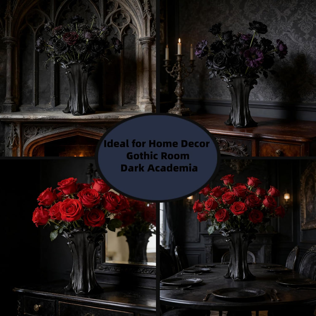 Vintage Gothic Ceramic Vase, 8.74×6.46×5.63inches, Matte Black Flower Vase for Red & Black Roses,Dark Academia Witchy Aesthetic Vase for Bedroom Living Room Dining Table