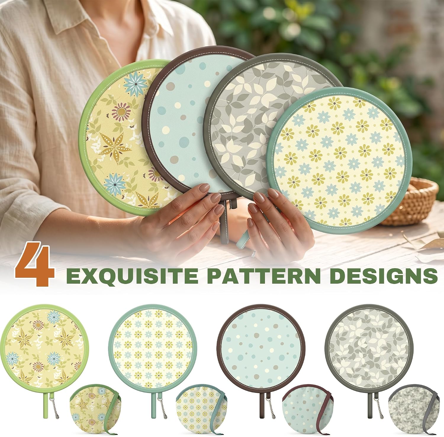 Foldable Round Hand Fans with Matching Storage Pouch, Portable Handheld Summer Cooling Fans for Women, Cute Floral Folding Fan for Travel Beach Wedding Festival Party Favors Outdoor Events (Style 1)