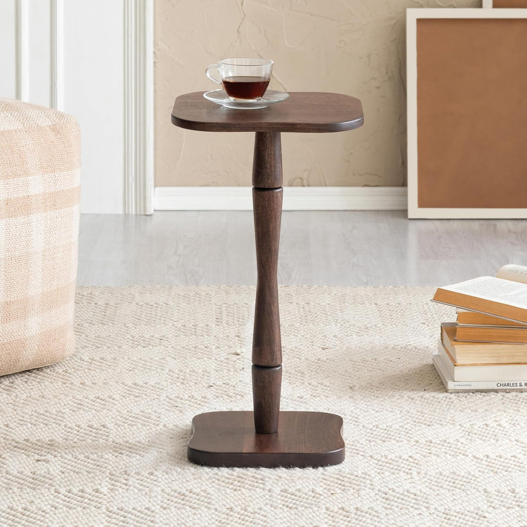 MH London Destiny Drink Table - 22" High Solid Mango Wood Pedestal Side Table - Minimalist Handmade Espresso Accent Table for Small Spaces