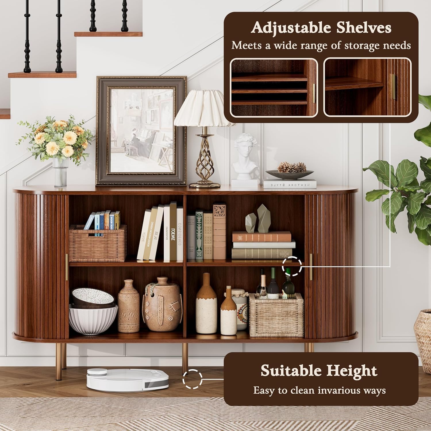 Sideboard Buffet Cabinet with Storage, 55 Inch Mid Century Modern Fluted Credenza with Sliding Door & Adjustable Shelf, Coffee Bar Cabinet for Kitchen, Living Room, Entryway