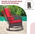ORALNER 3 Pieces Patio Furniture Wicker Rocker Set, Outdoor Rocking Chairs with Cushions, Pillows, Glass Coffee Table, Rattan Bistro Set for Balcony Front Porch Poolside Garden Deck (Red)