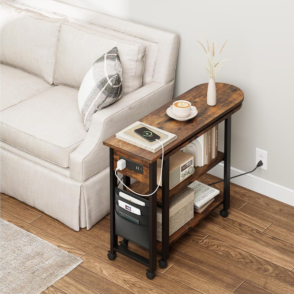 GarveeHome Rotating Side Table 360° End Table with Charging Station Swivel Side Table with Extra Storage Bag Movable End Table with 6 Swivel Wheels with Brakes for Bedroom Living Room