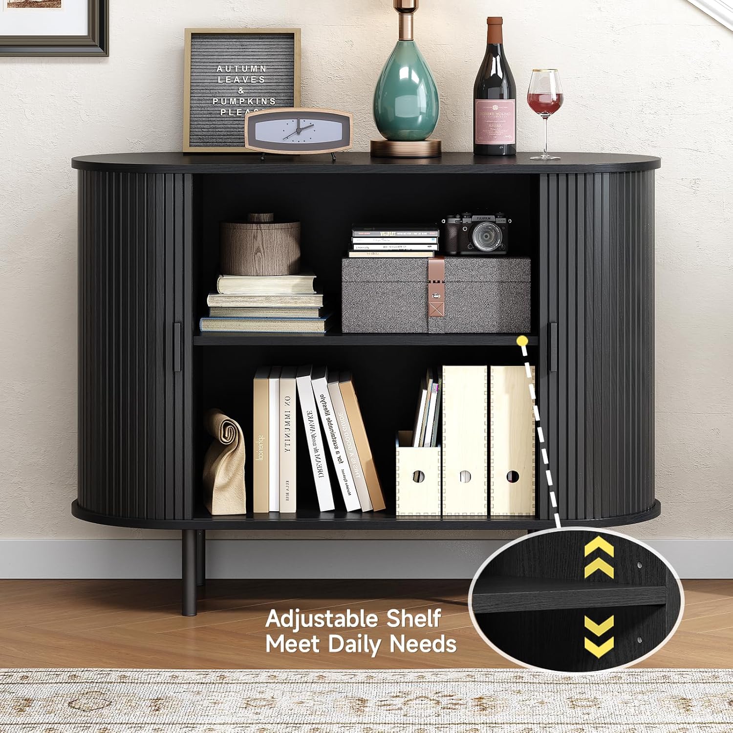 Buffet Cabinet with Storage, Fluted Sideboard Buffet with Sliding Door, Coffee Bar Cabinet with Adjustable Shelf, Console Table, Accent Table for Entryway, Kitchen (Black, 40 Inch)