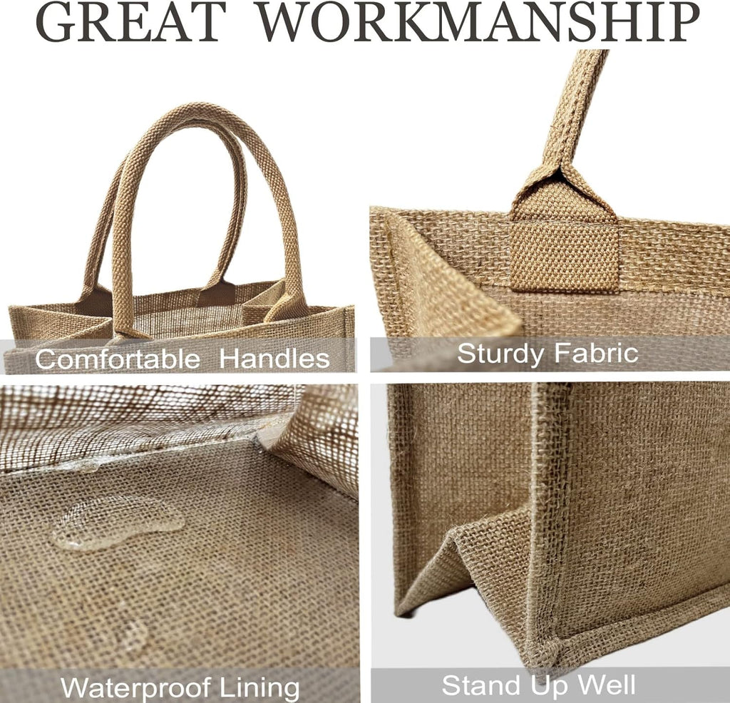 6 Pack Burlap Tote Bags with Handles Reusable Small Jute Gift Bags with Black Silk Ribbons Waterproof Lining for Wedding Bridesmaid Mother's Day Bachelorette Beach Party