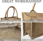 6 Pack Burlap Tote Bags with Handles Reusable Small Jute Gift Bags with Black Silk Ribbons Waterproof Lining for Wedding Bridesmaid Mother's Day Bachelorette Beach Party